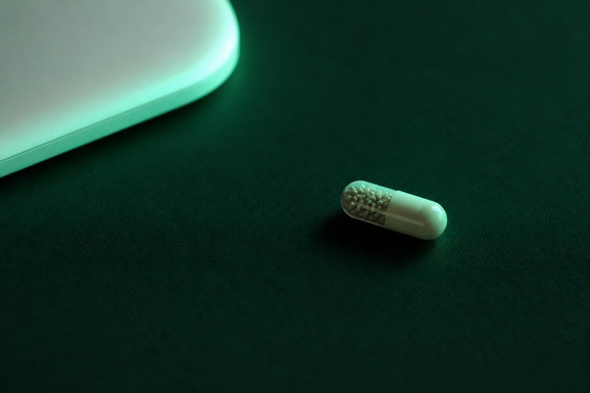Forest-green still life: delayed-release capsule on a forest card