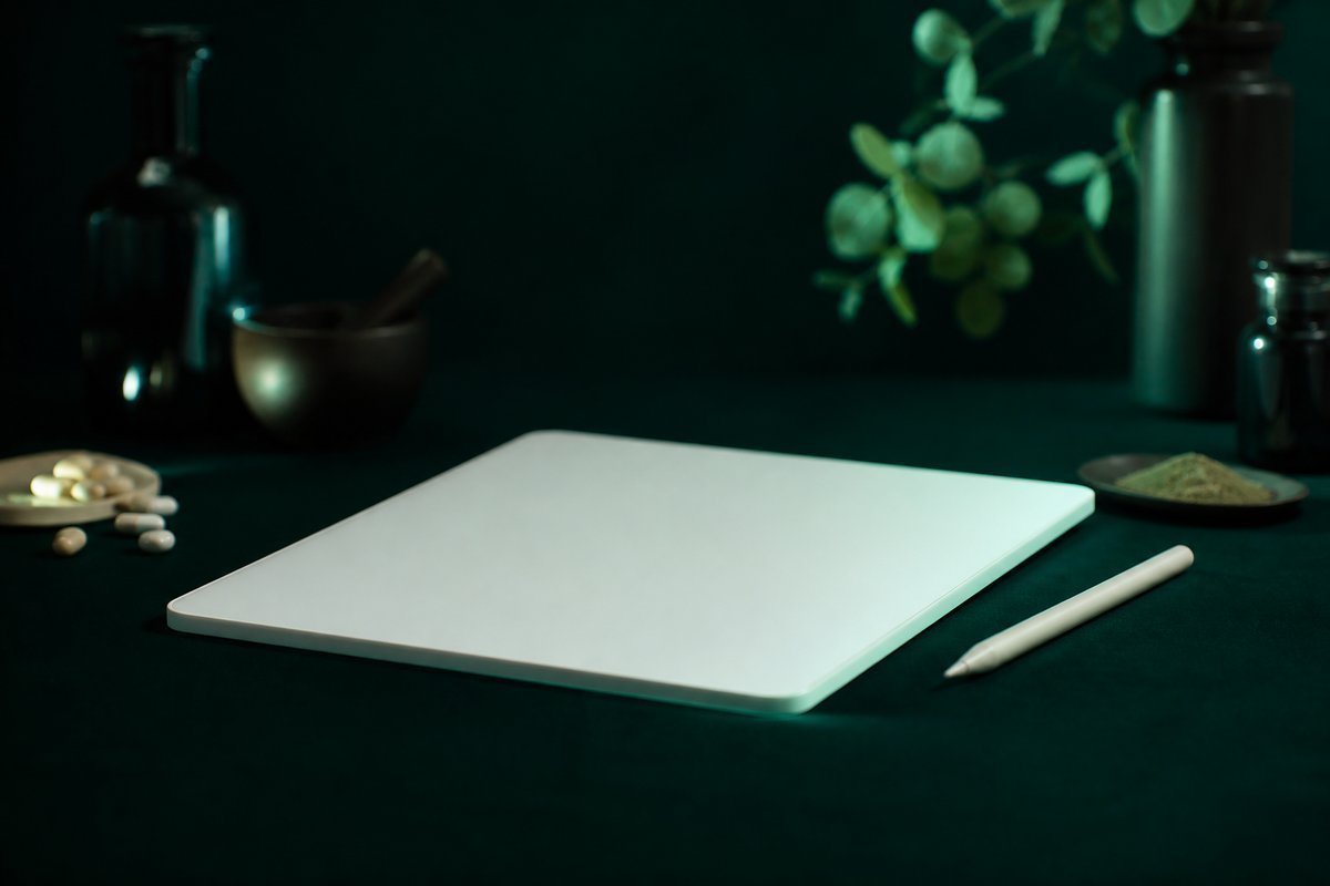 Forest-green still life: large export tablet, small US start set aside