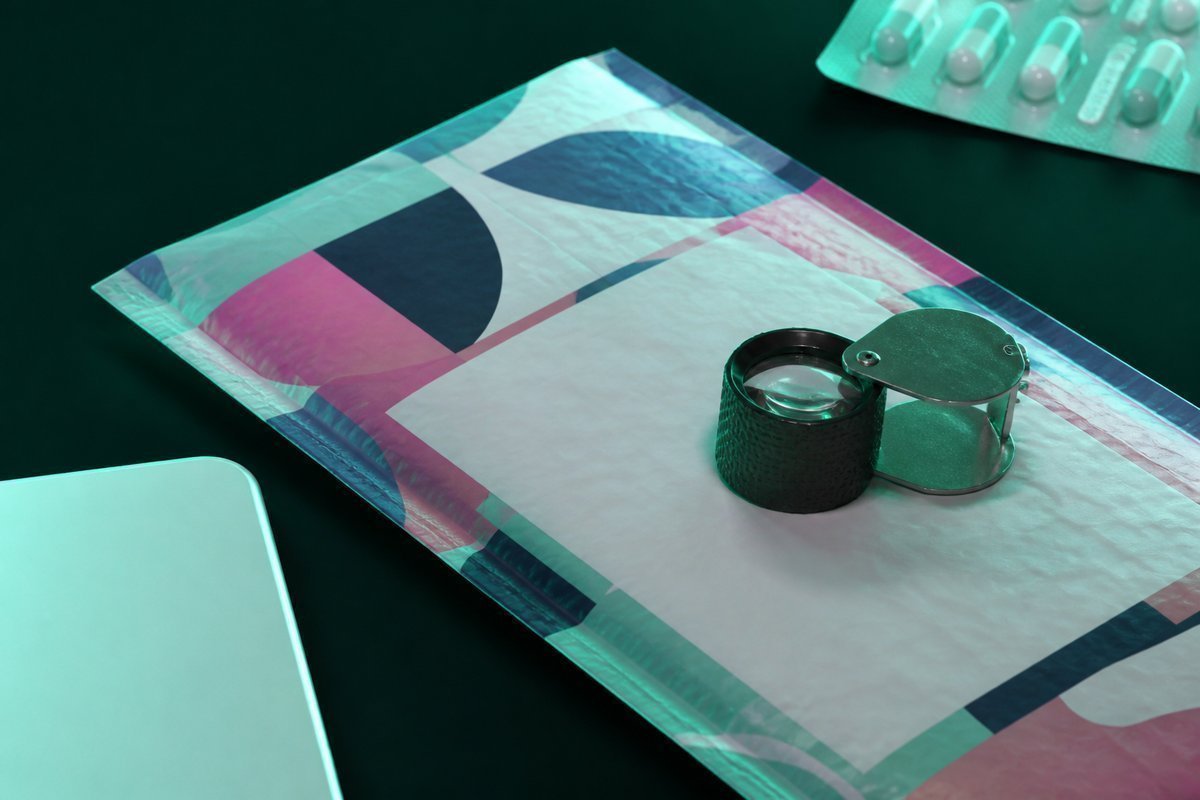 Forest-green still life: loupe on a colorful export mailer