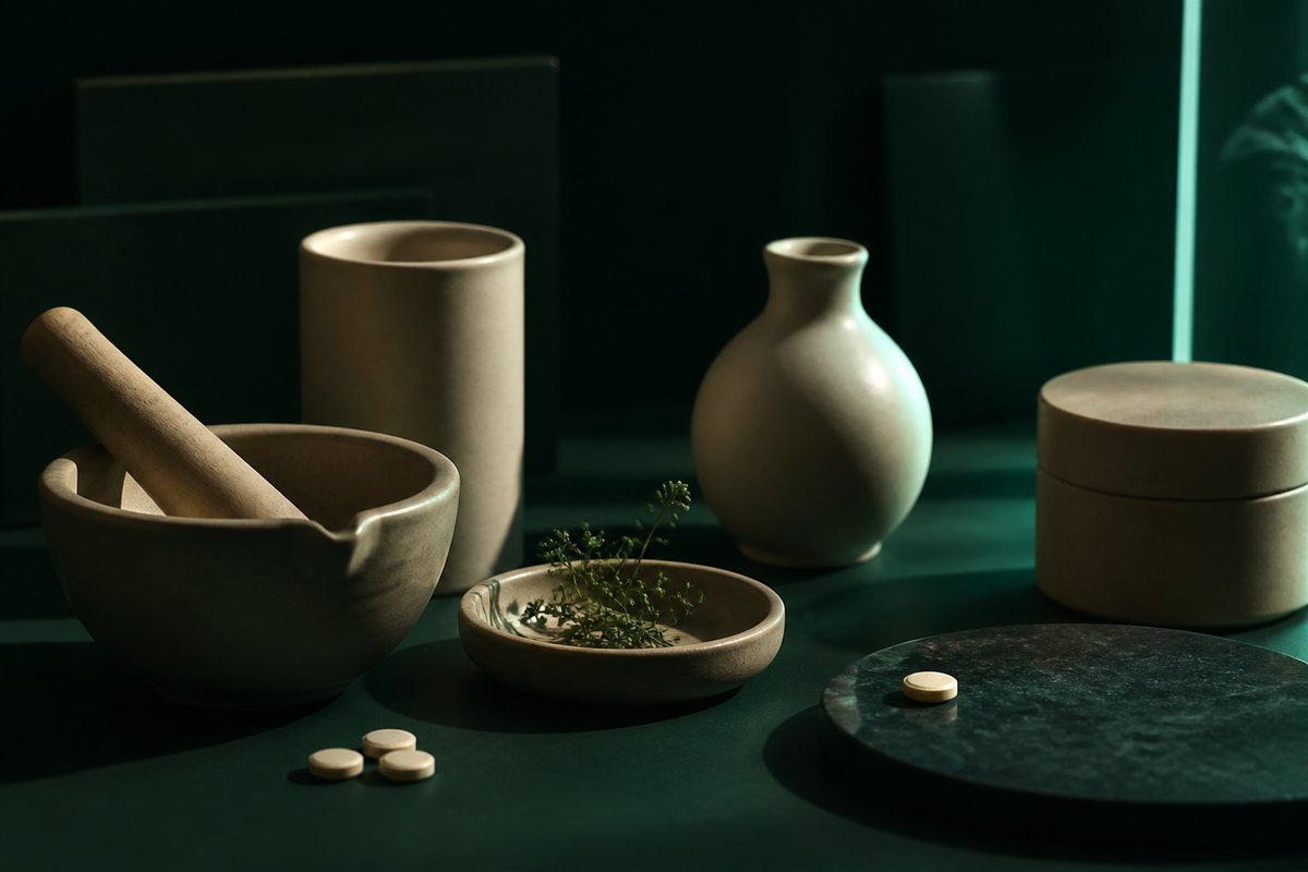 Forest-green still life: warm light on ceramic, export tablet