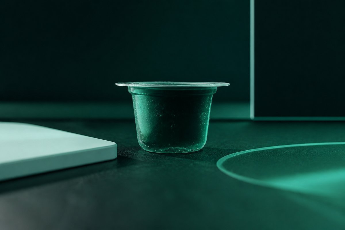 Forest-green still life: jelly cup, nitrate wall still closed