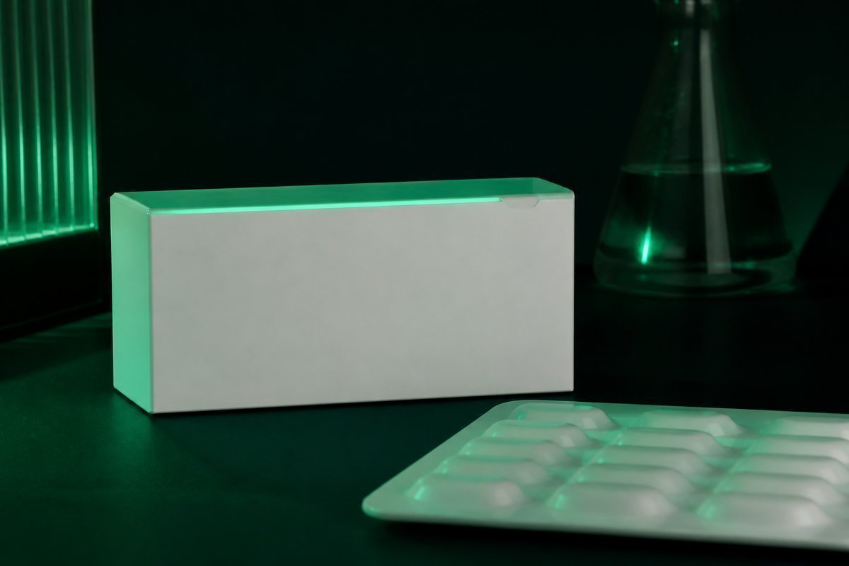 Forest-green still life: foreign carton, US NDC space blank