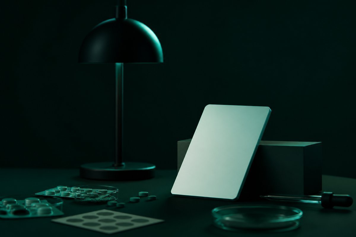 Forest-green still life: unlit lamp and an export tablet