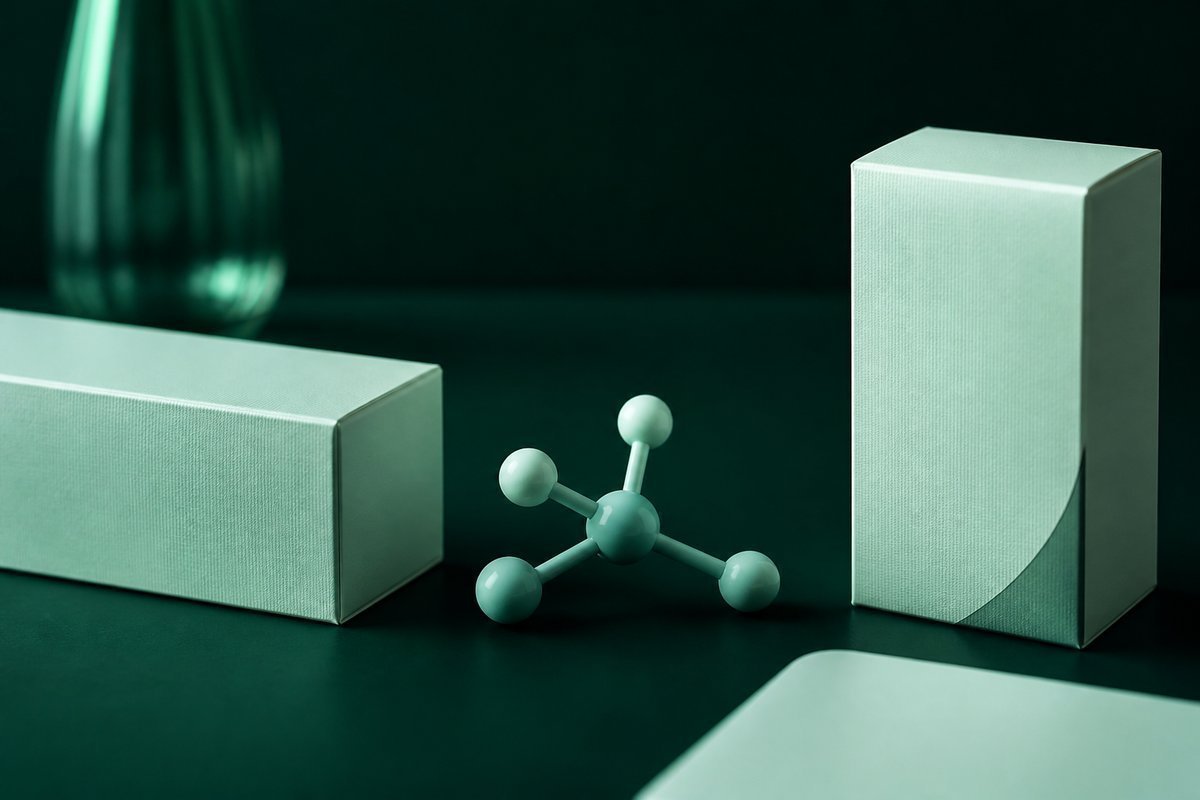 Forest-green still life: two cartons, one molecule shape between them