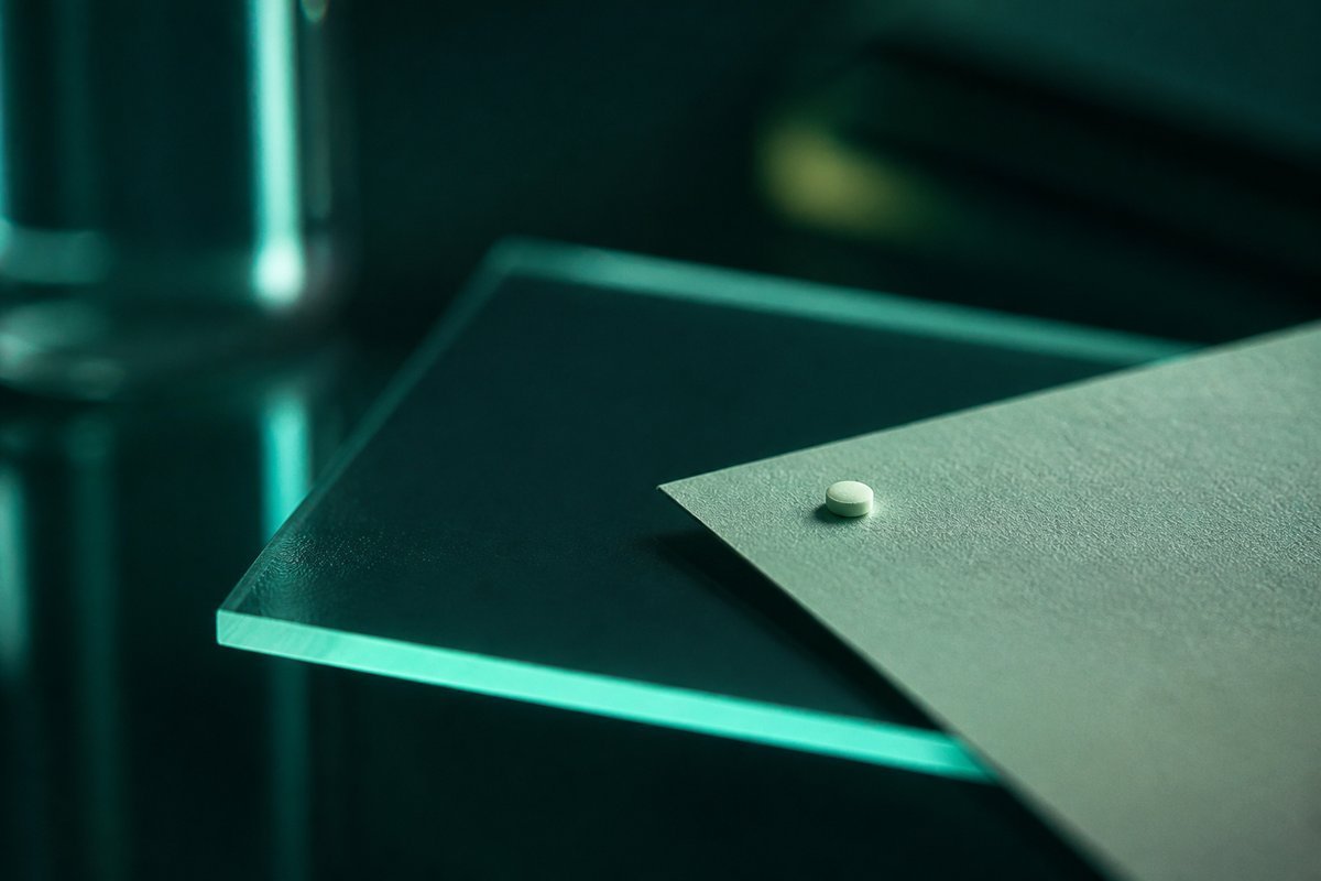 Forest-green still life: tiny 1 mg tablet on a hair-line card