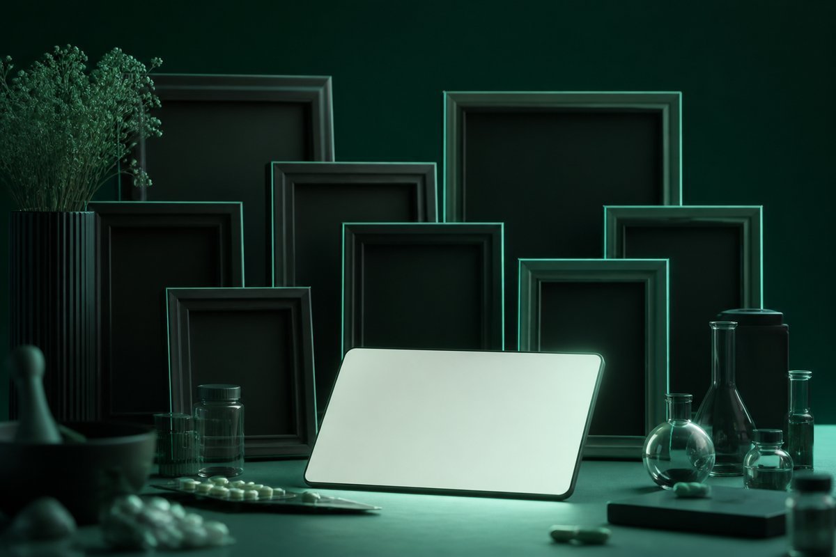 Forest-green still life: twelve photo frames empty, tablet in front