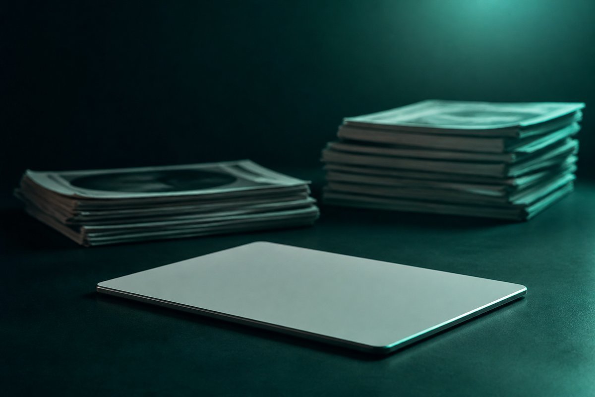 Forest-green still life: two photo stacks, uneven, tablet in front