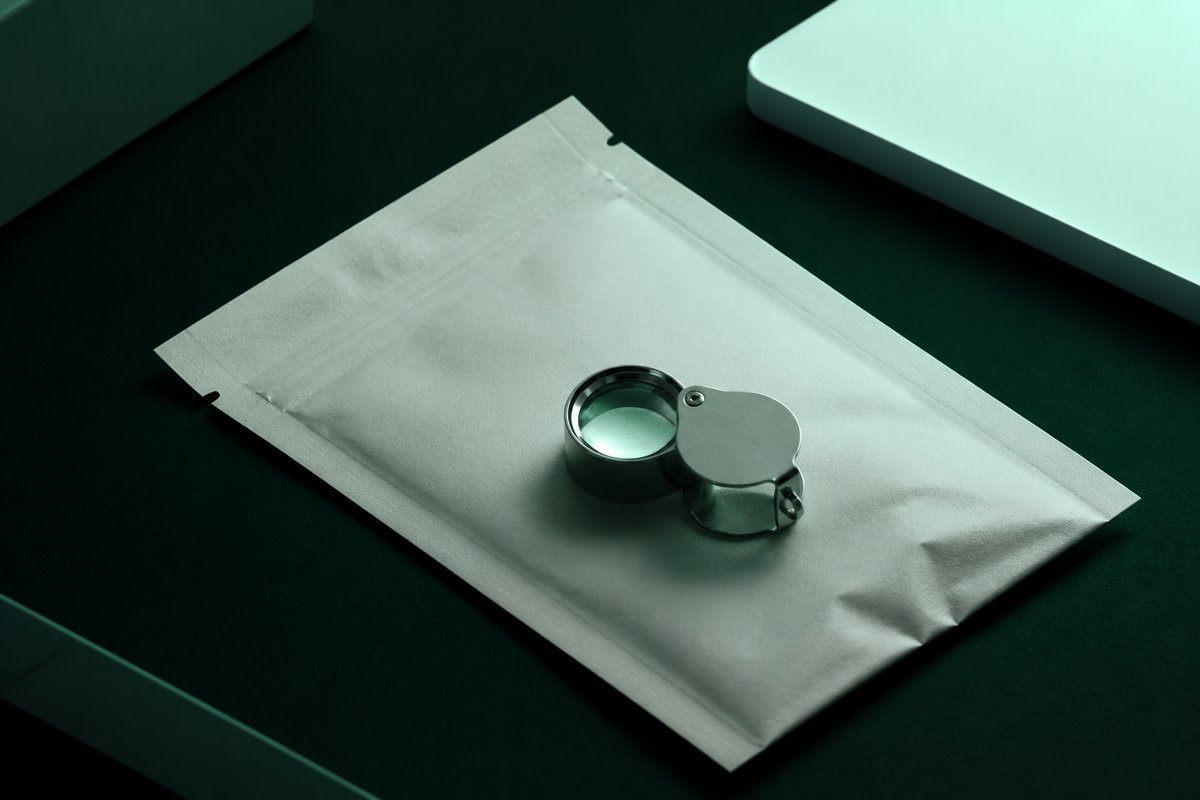 Forest-green still life: loupe on an unmarked 1 mg mailer