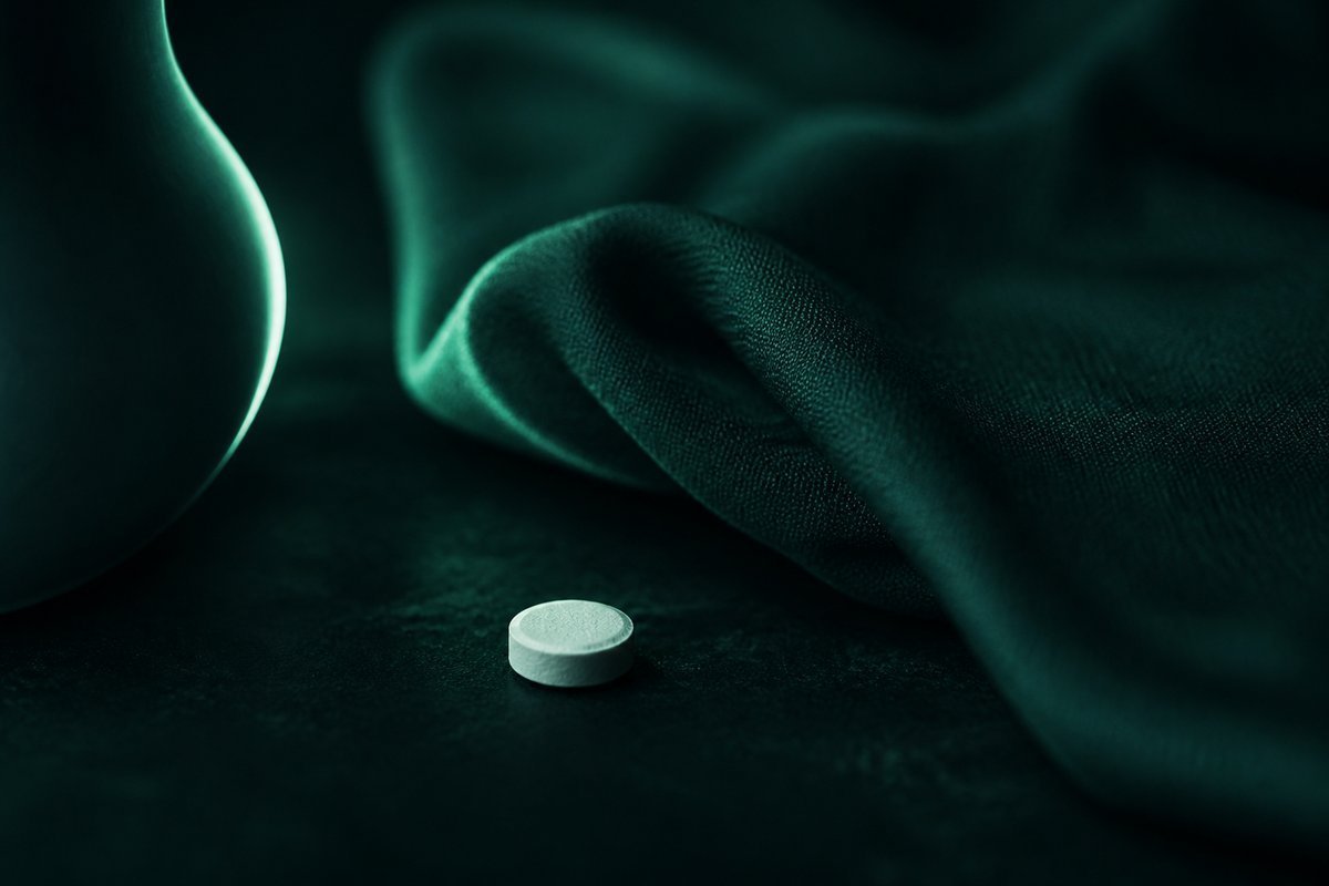 Forest-green still life: soft caution cloth, small tablet