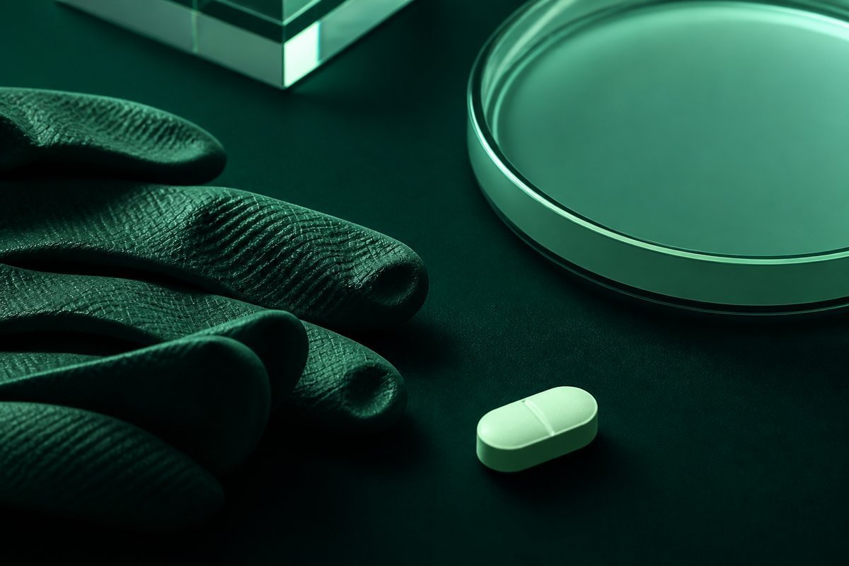 Forest-green still life: gloves beside a whole tablet, crumbs forbidden
