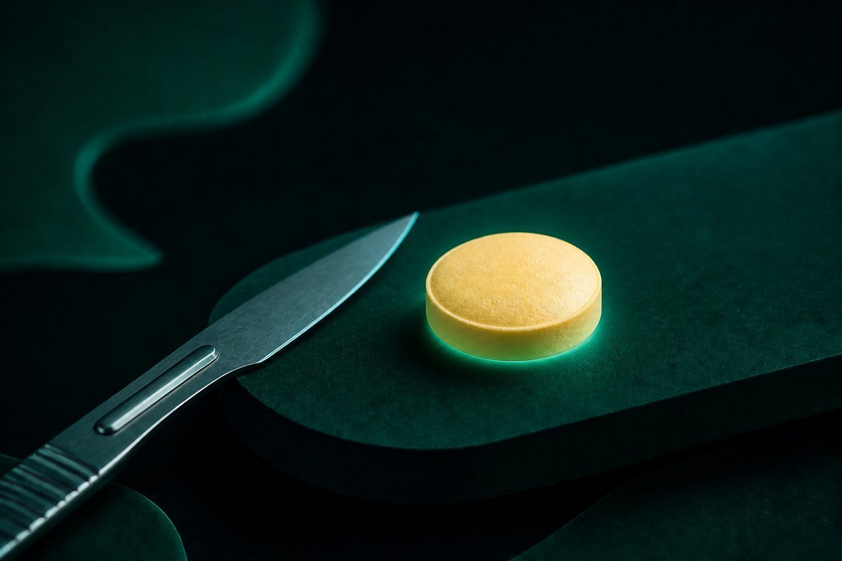 Forest-green still life: whole small tablet, scored knife left unused