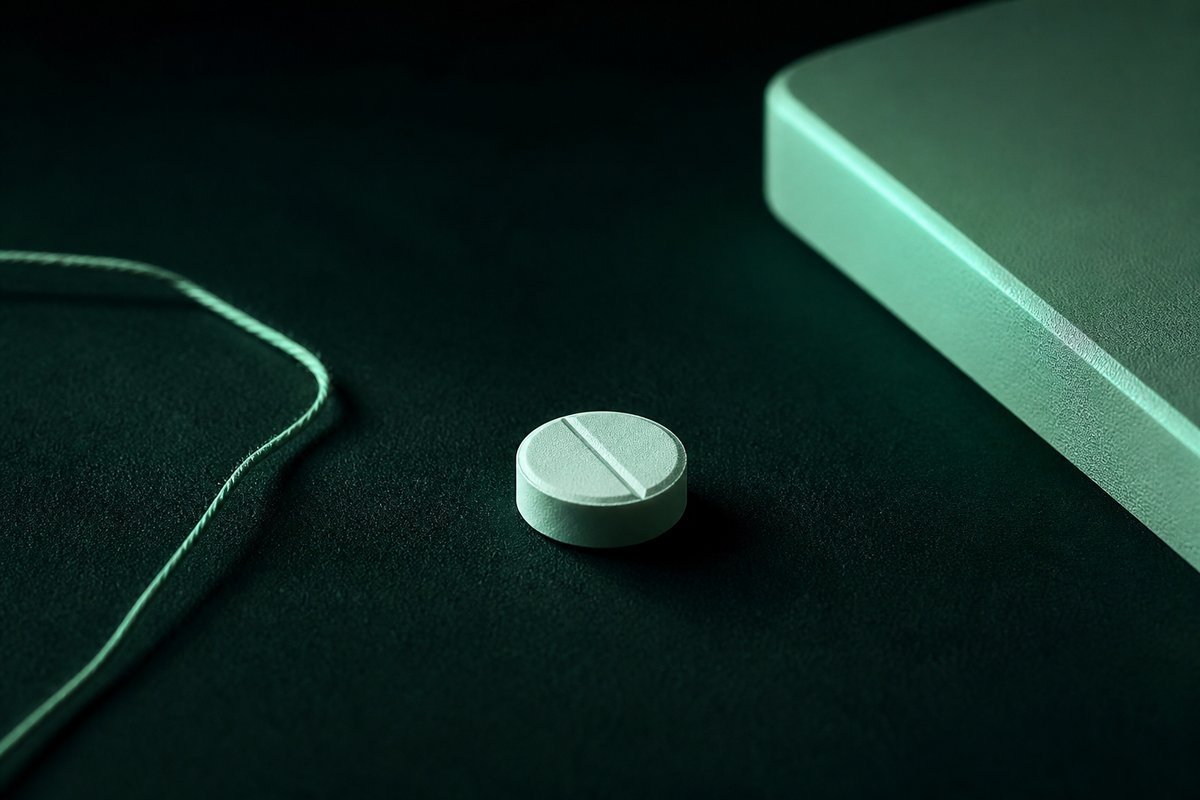 Forest-green still life: quiet caution thread near a 1 mg tablet