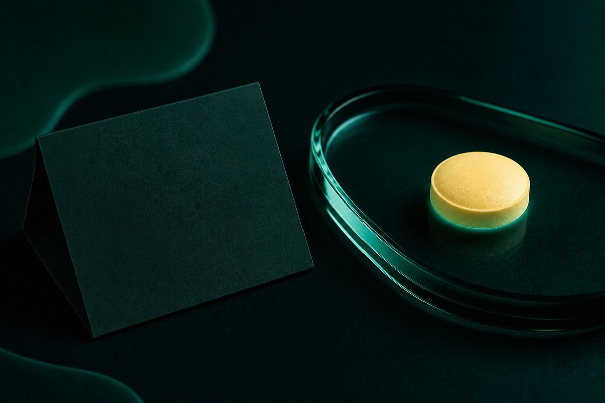 Forest-green still life: lab slip folded in half, small tablet