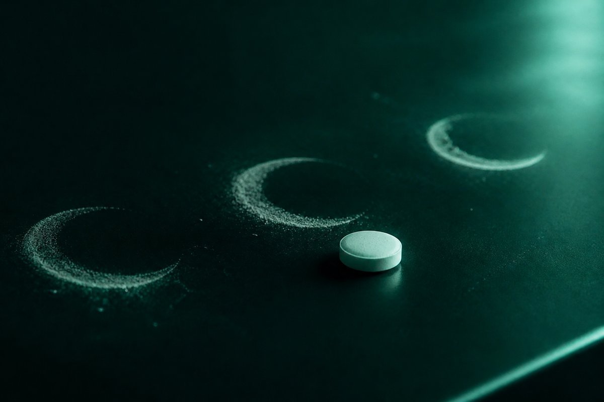 Forest-green still life: three moon marks and a small tablet