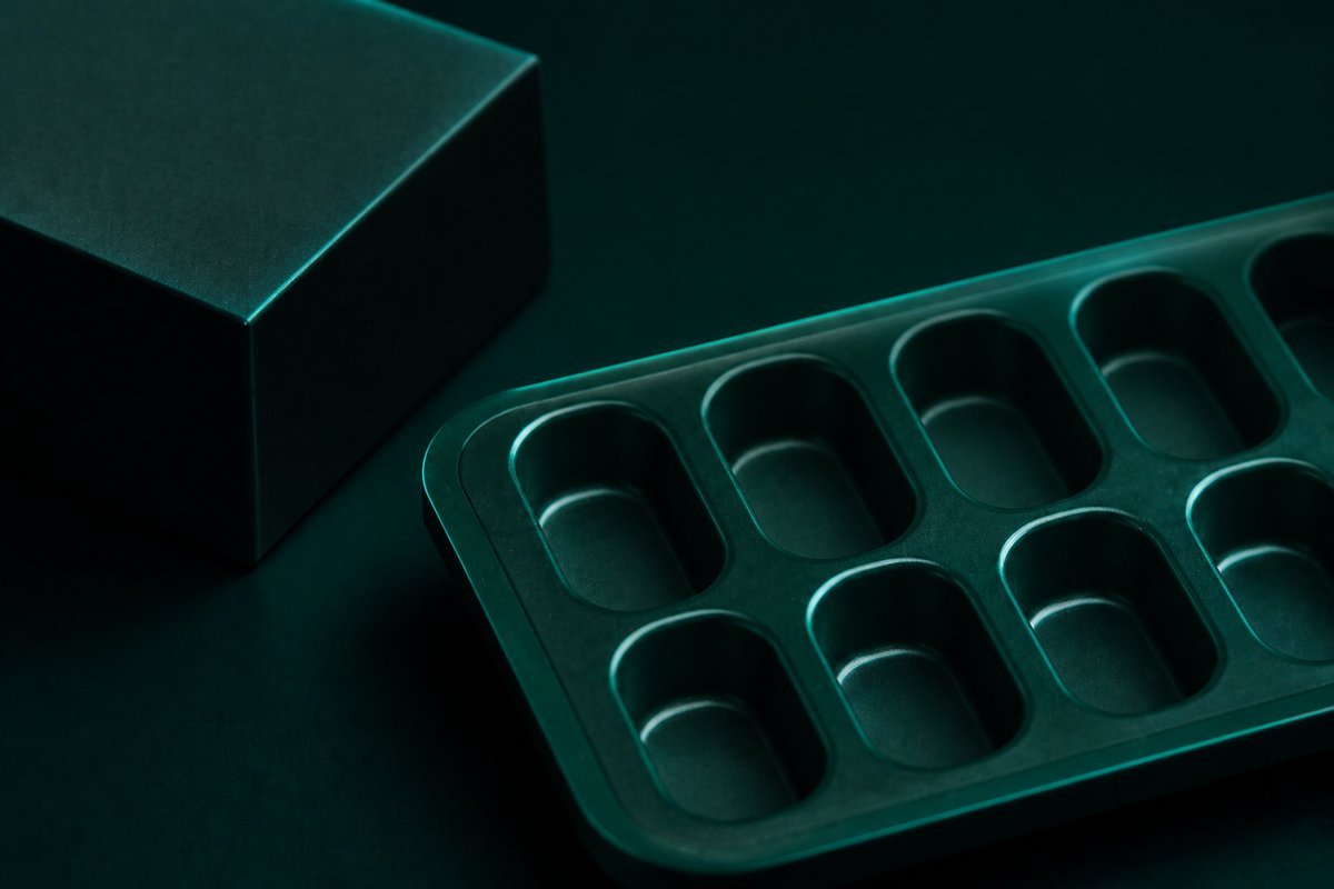 Forest-green still life: foreign carton shadow, US tray empty