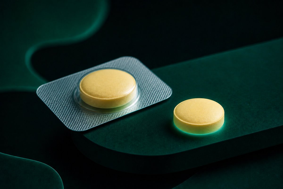 Forest-green still life: export carton silhouette next to a US 1 mg tablet