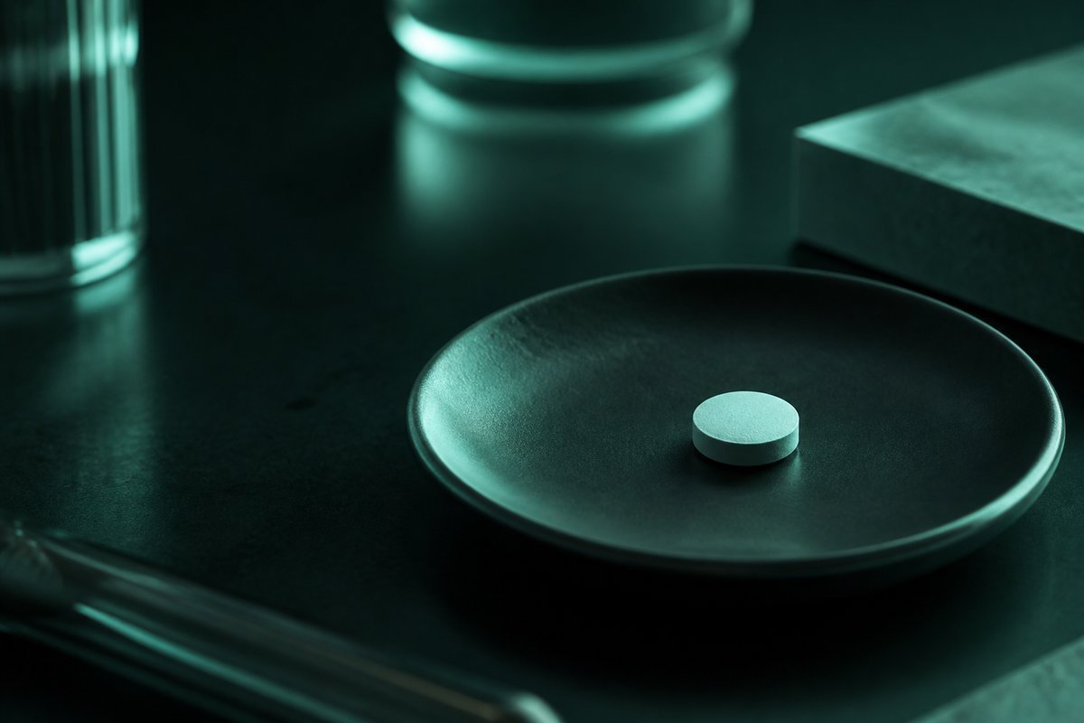 Forest-green still life: round blue-white tablet on a dark dish, no letters