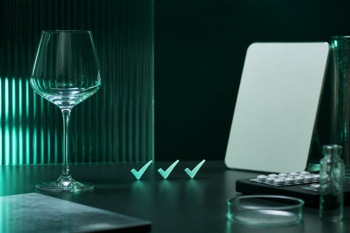 Forest-green still life: three calendar ticks after an empty wine glass