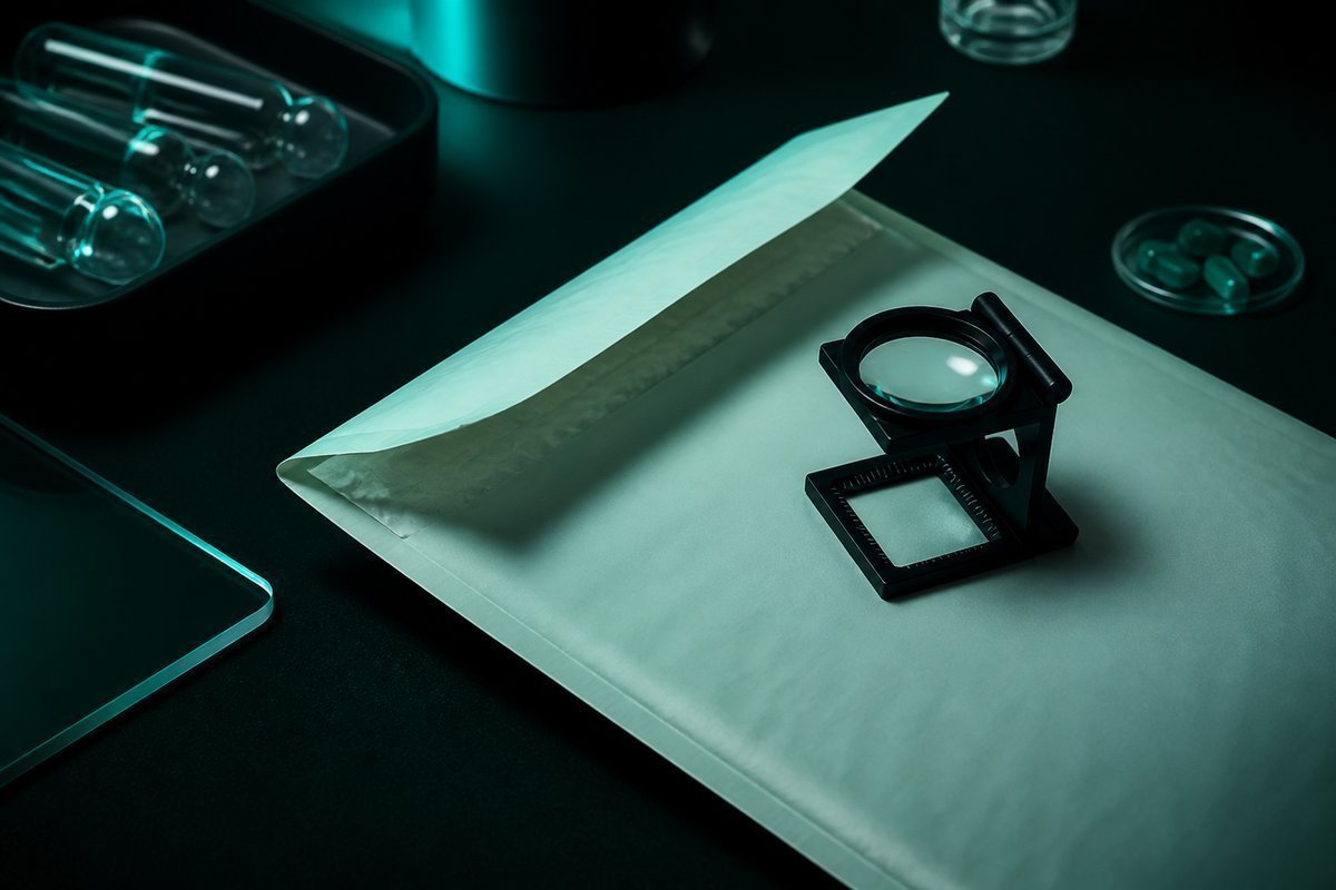 Forest-green still life: mailer flap open under a loupe