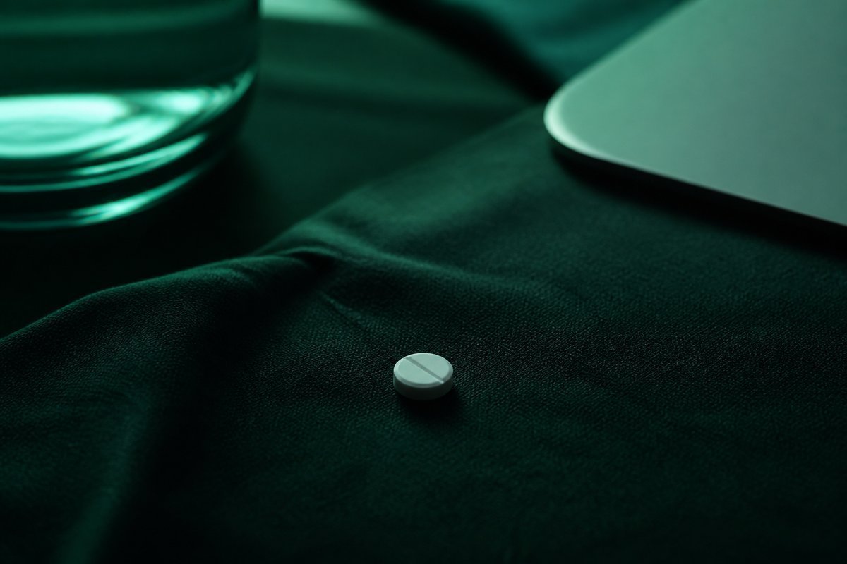 Forest-green still life: eight-hour sand, last white tablet on the cloth
