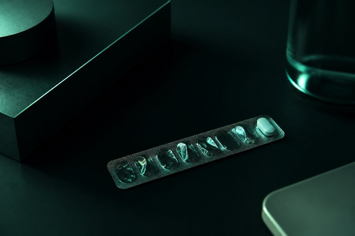 Forest-green still life: last sealed tablet still in the strip