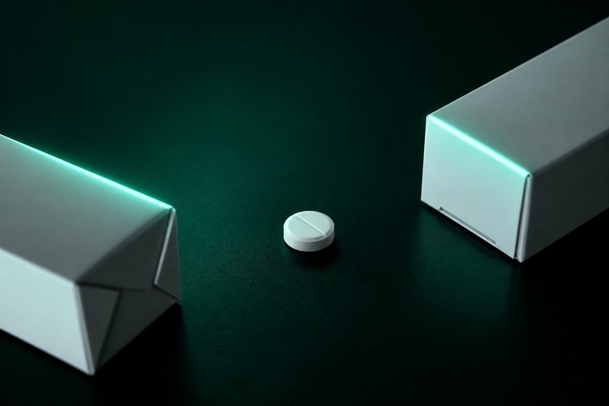 Forest-green still life: two cartons pointing to one white tablet