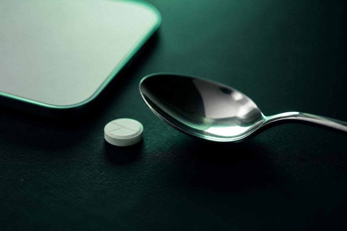 Forest-green still life: silver spoon taste, white tablet nearby