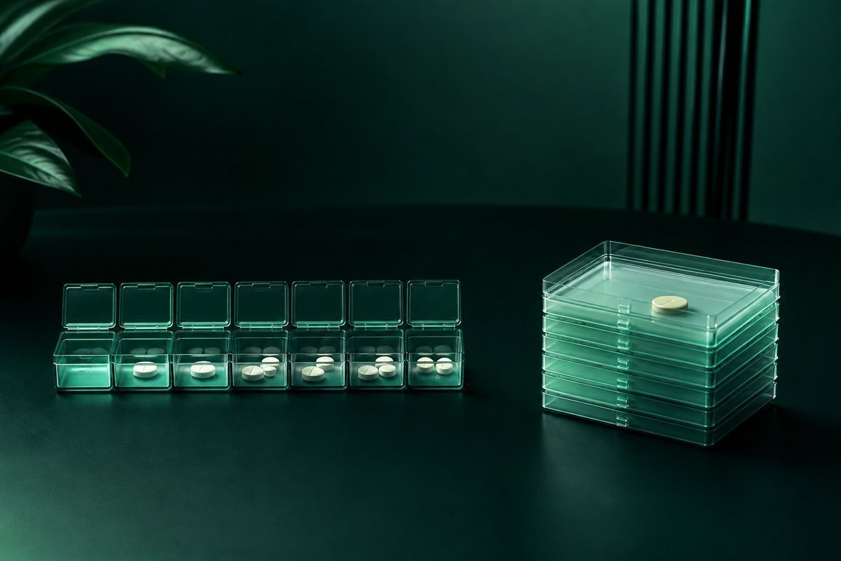 Forest-green still life: seven-day strip versus one large single-day stack