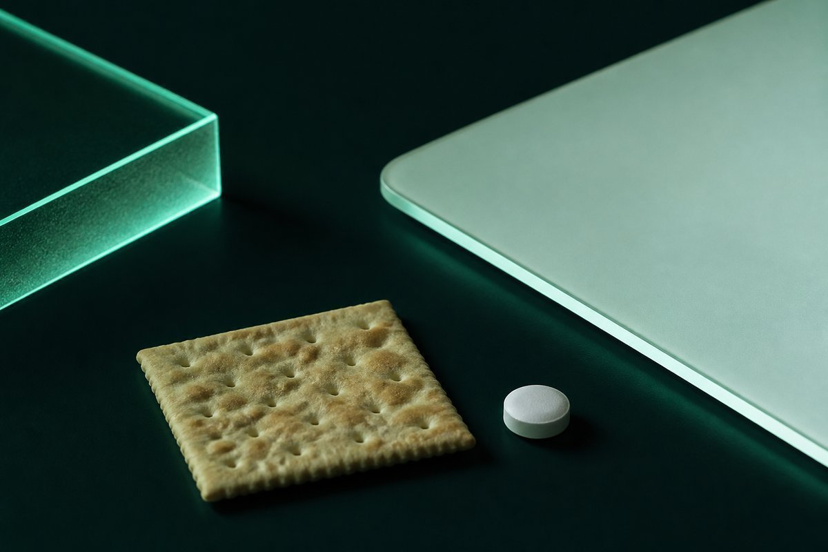 Forest-green still life: plain cracker and a white tablet, no wine