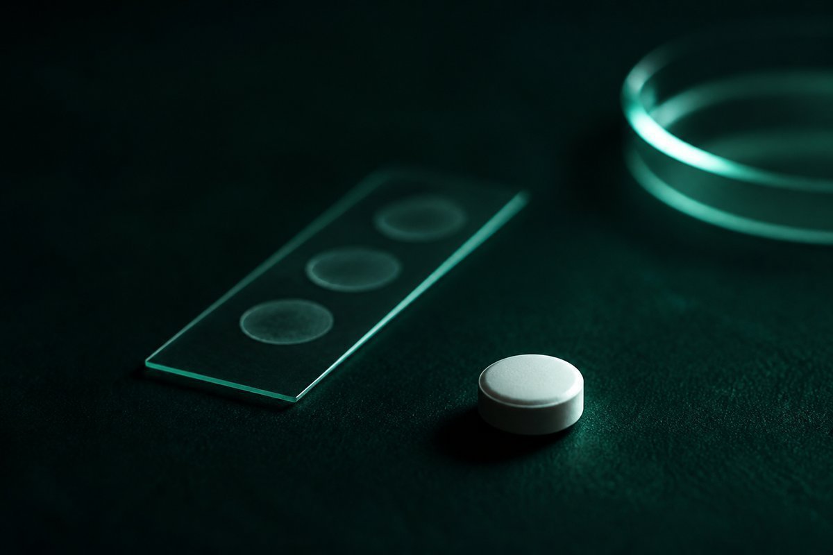 Forest-green still life: thin lab strip beside a white tablet