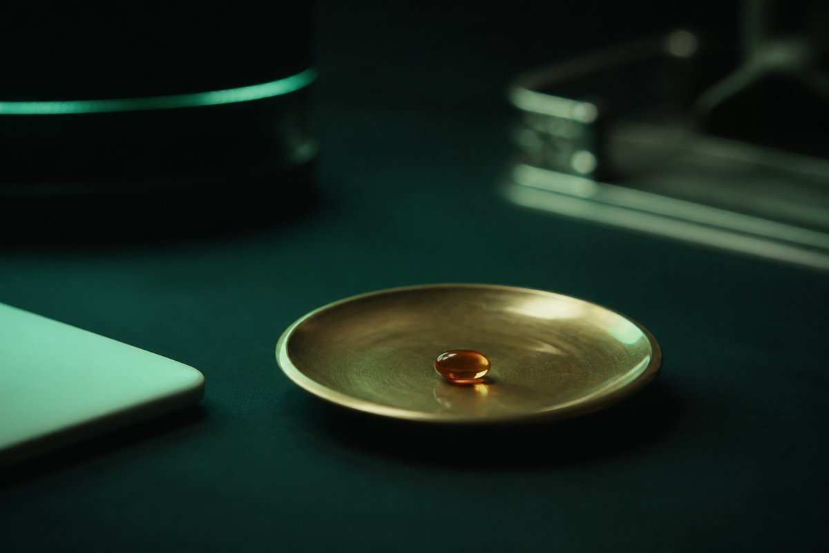 Forest-green still life: smallest amber tablet on a brass dish