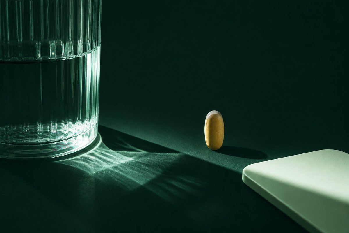 Forest-green still life: tilted glass shadow, amber tablet upright