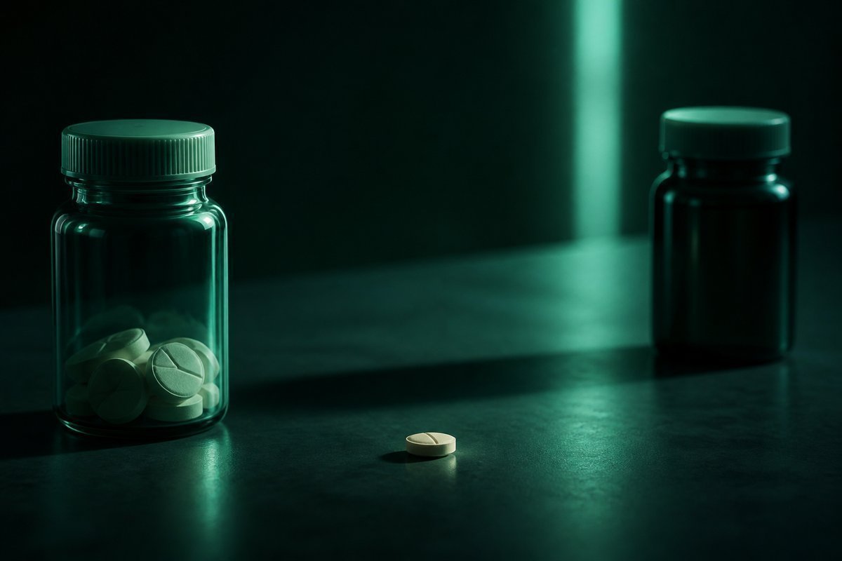 Forest-green still life: hour gap between two bottles, amber tablet waiting