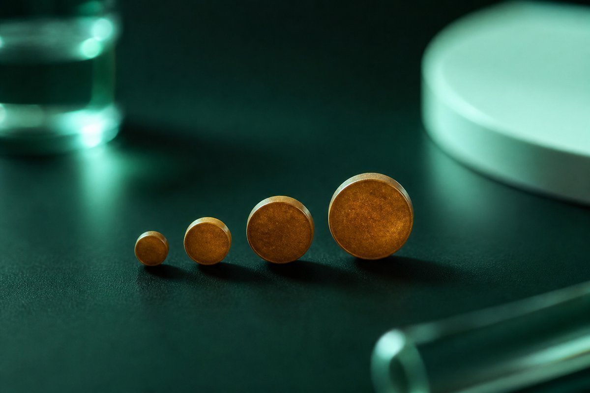 Forest-green still life: four amber tablets, smallest to largest