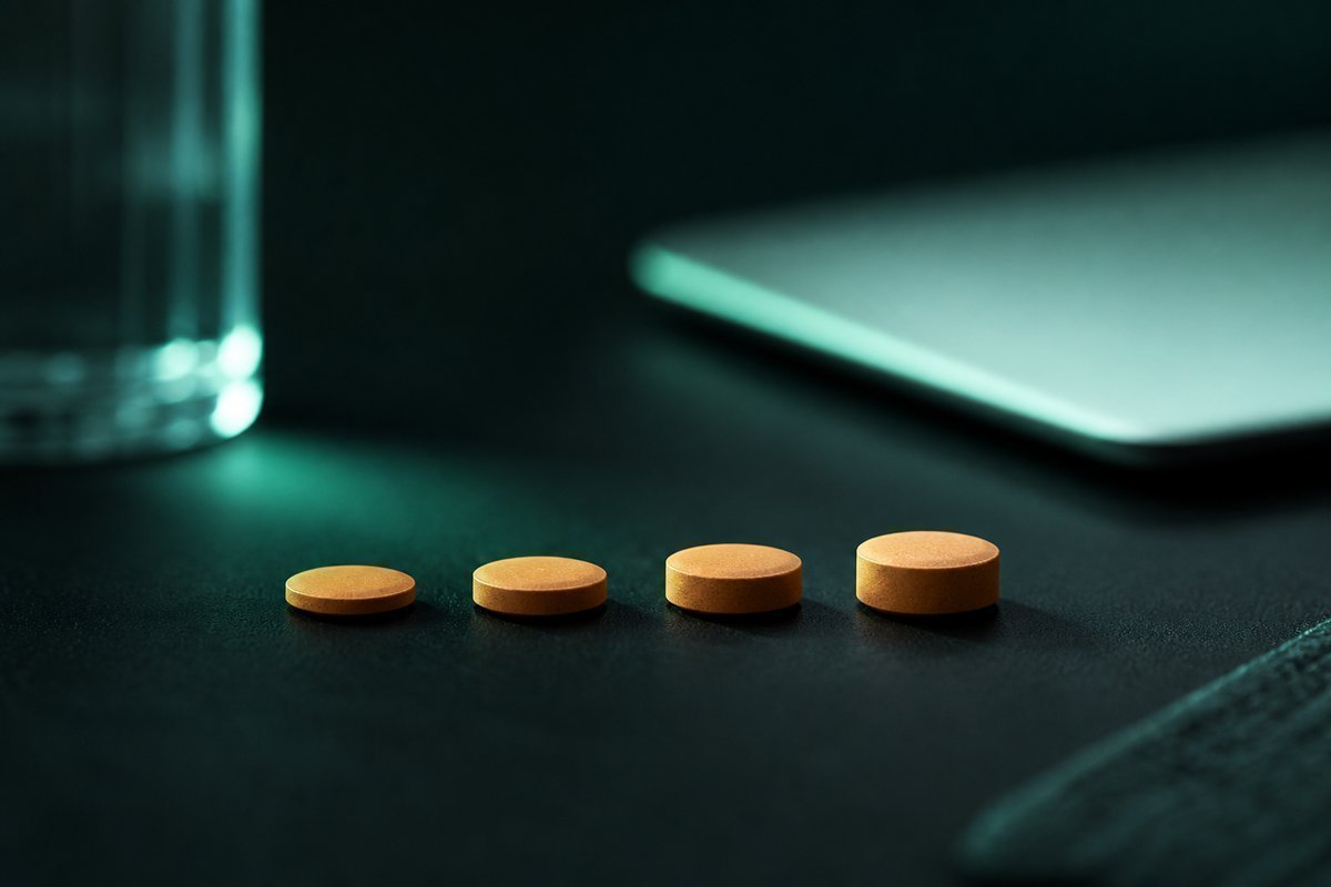 Forest-green still life: four small amber tablets in a row of strengths