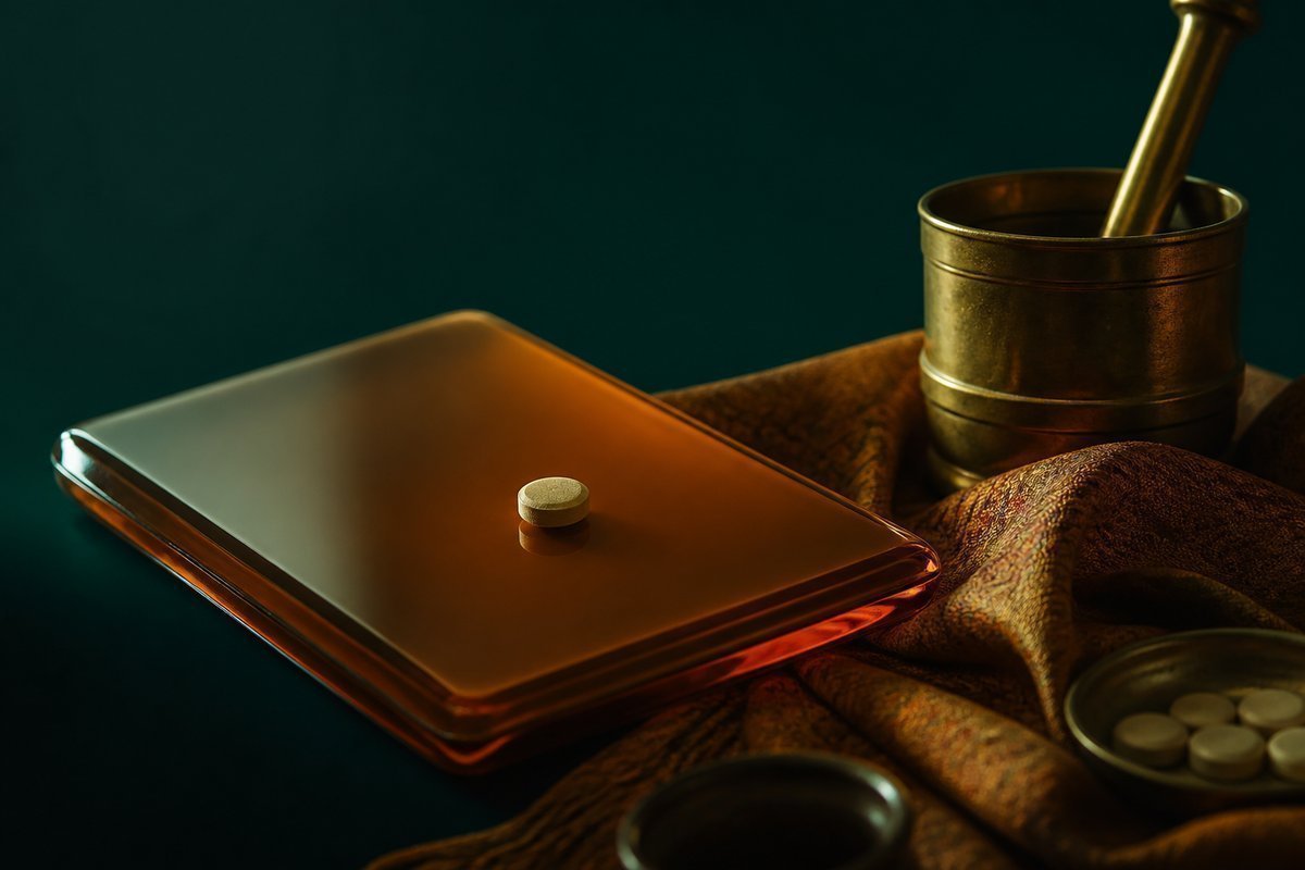 Forest-green still life: warm temple cloth and an amber tablet