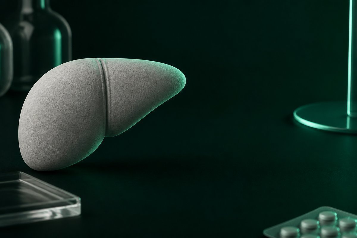 Forest-green still life: liver-shaped stone, empty space where a tablet is missing