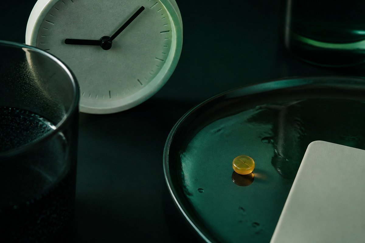 Forest-green still life: oily plate and a slowed clock, amber tablet