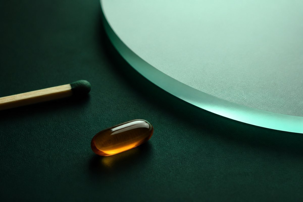 Forest-green still life: unstruck match and an amber tablet
