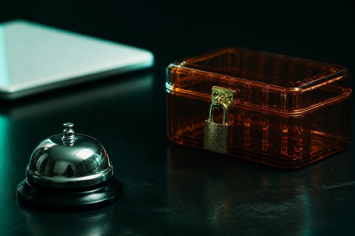 Forest-green still life: counter bell and a locked amber blister