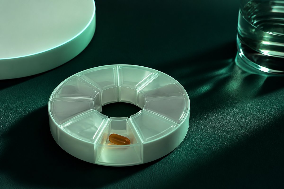 Forest-green still life: one amber tablet in a day ring