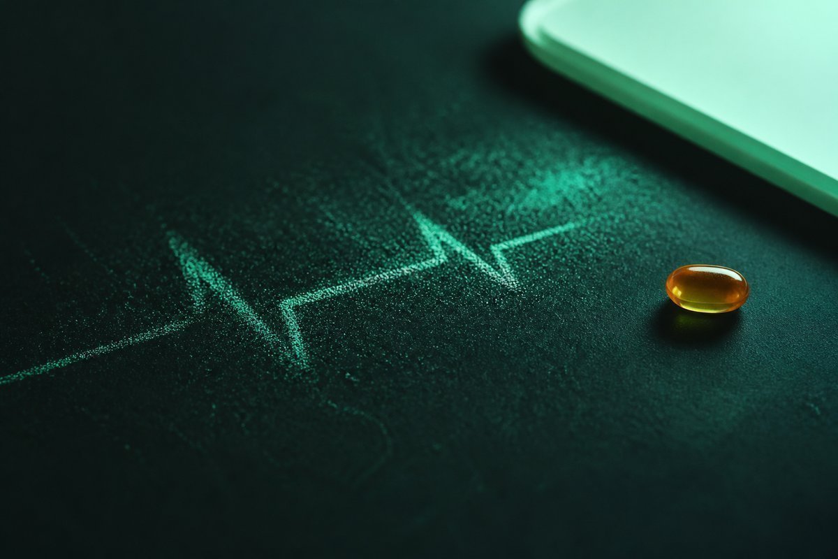 Forest-green still life: faint ECG wave in mint dust, amber tablet aside