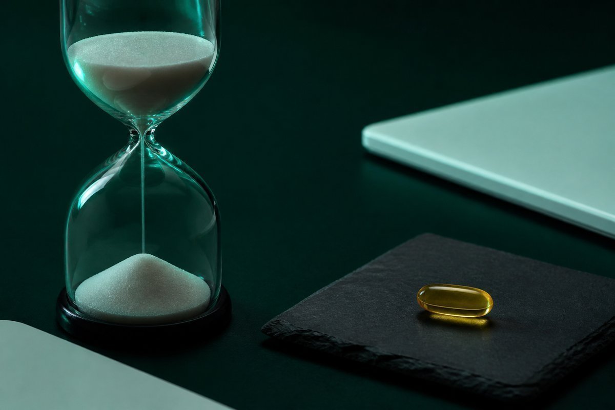 Forest-green still life: timer at one hour, amber tablet on slate