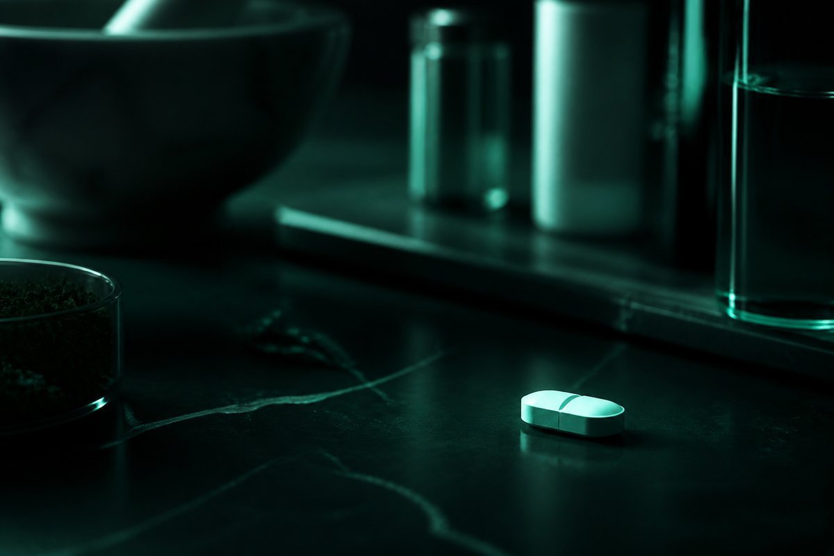Forest-green still life: two names on one small tablet