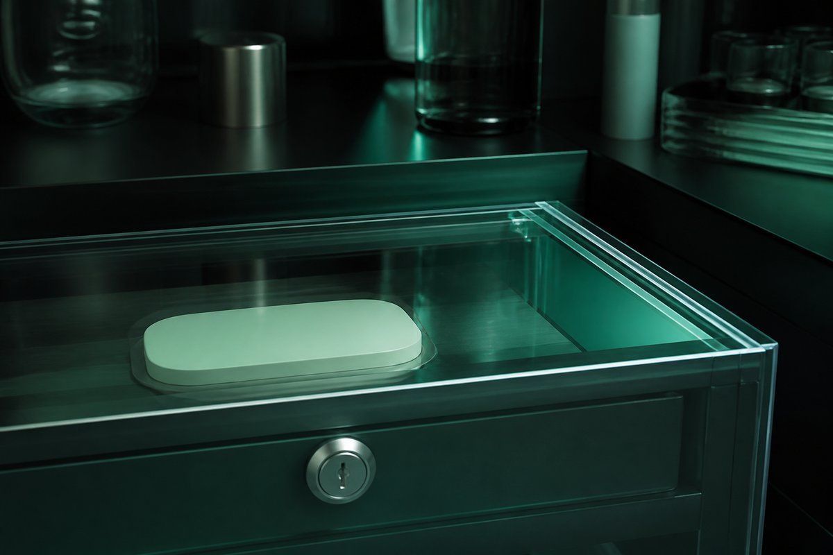 Forest-green still life: locked hair-care drawer, tablet behind glass