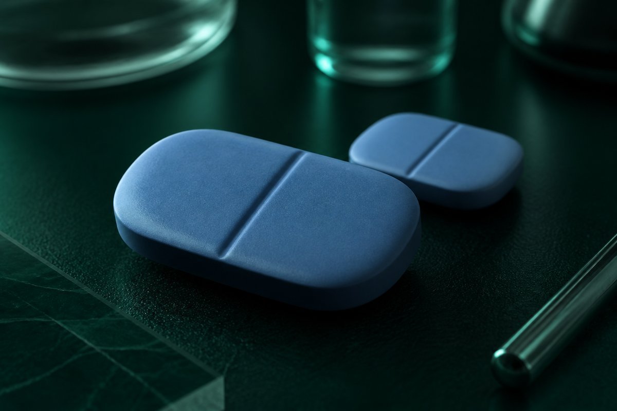 Forest-green still life: larger blue tablet in front, smaller one behind