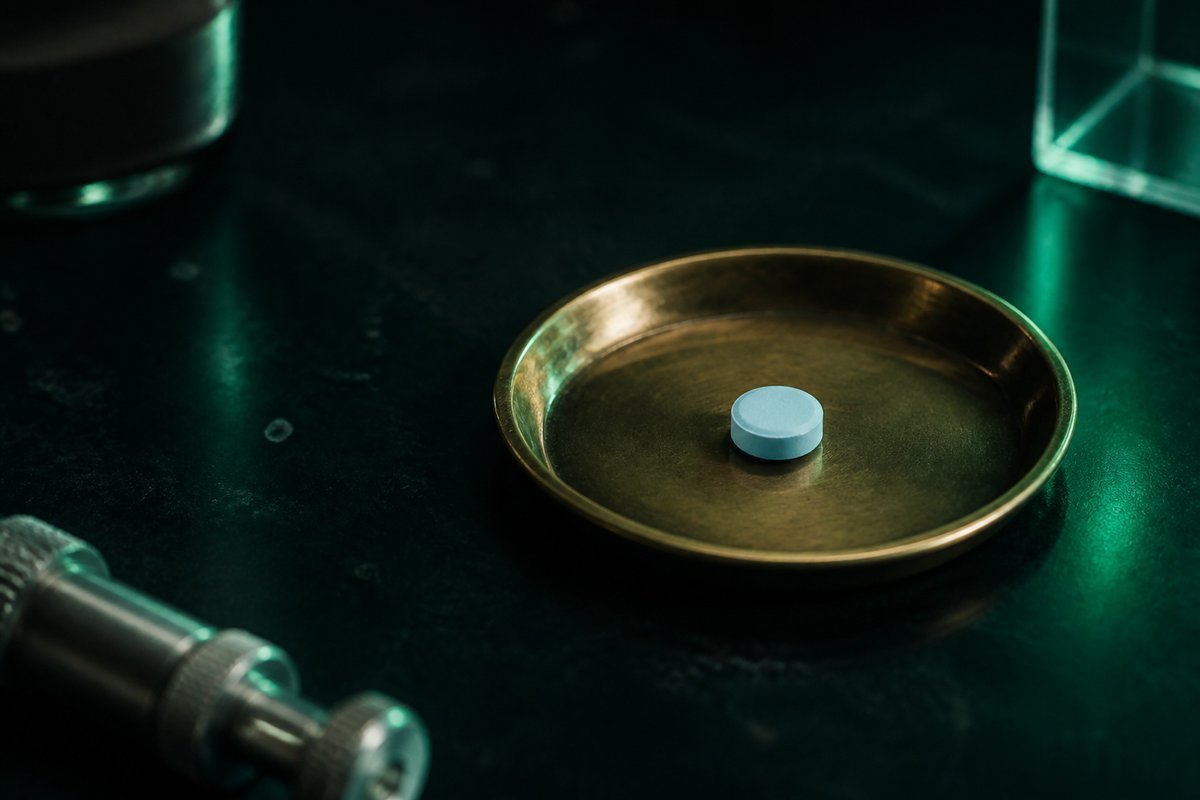 Forest-green still life: smaller blue tablet on an older brass saucer