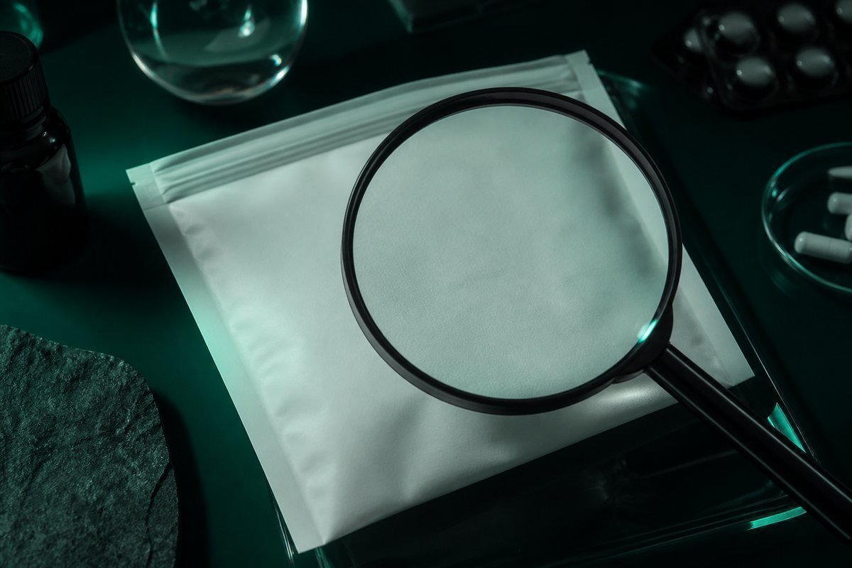 Forest-green still life: magnifier over an unmarked mailer, tablet not yet trusted
