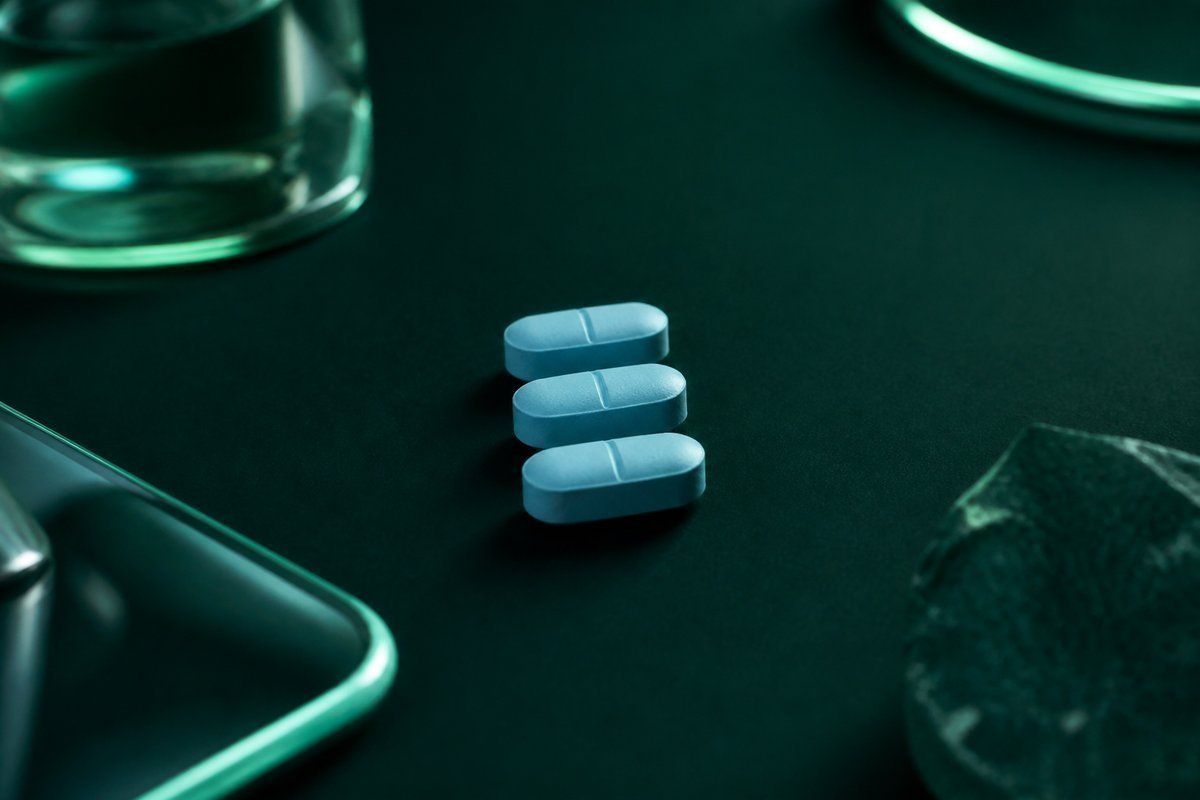 Forest-green still life: three blue tablets in a short ladder