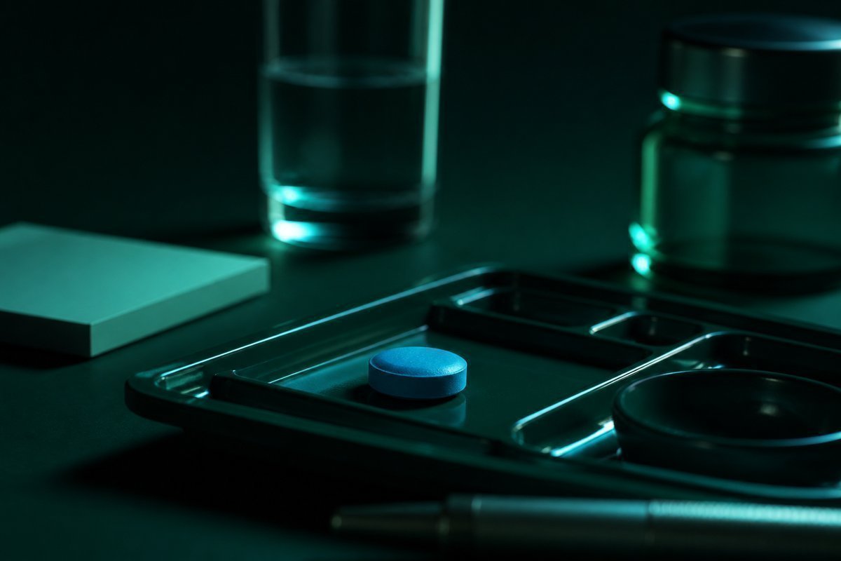 Forest-green still life: blue tablet on a US-style fill tray, forest depth